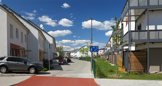Ansicht der Engergie-Plus-Häuser in der Kamelienstraße